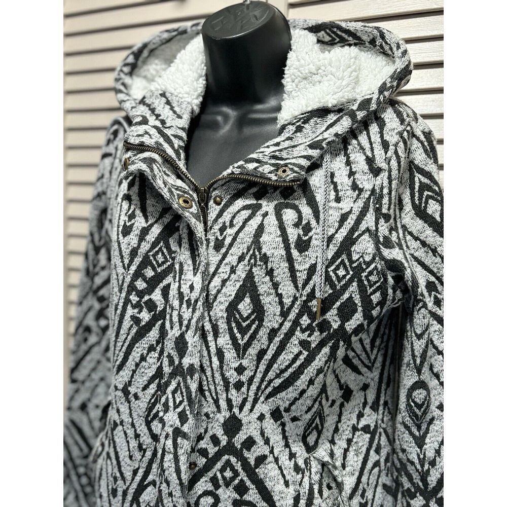 Billabong Light Gray/Black Aztec Zip Up Fabric Hood Jacket Size S Pocket Logo - Picture 2 of 8